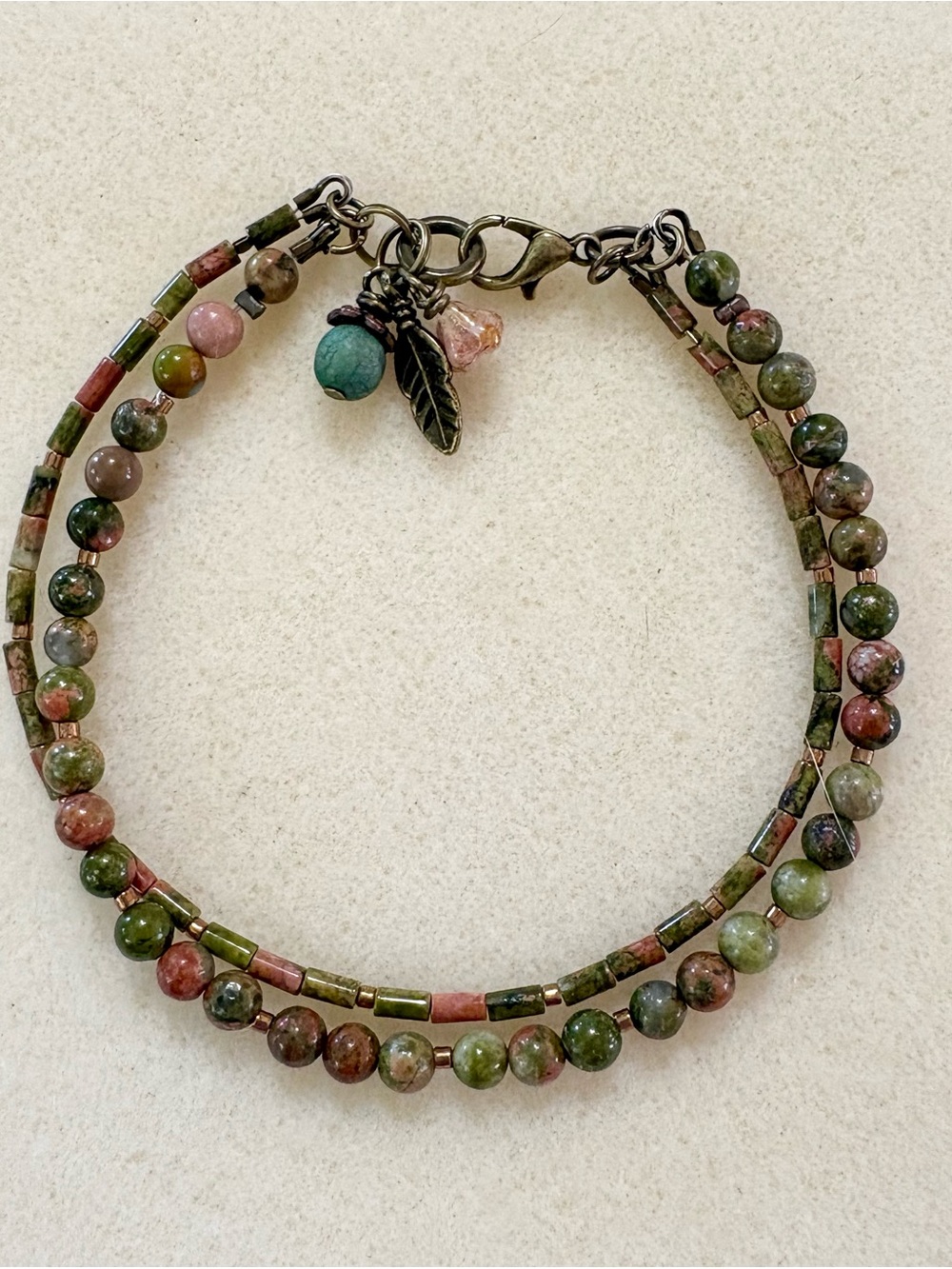 Green and Pink Unakite Natural Stone Double-Strand Bracelet